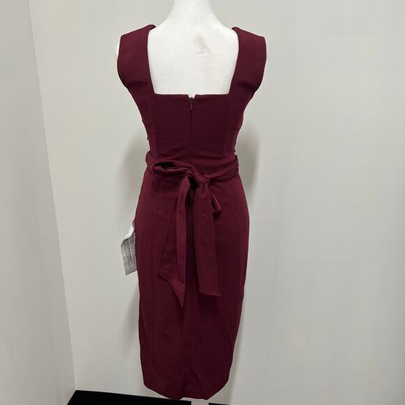 Dress The Population Alessia Wine Burgundy V-Neck Tie Waist Crepe Size XS NWT - Picture 8 of 16